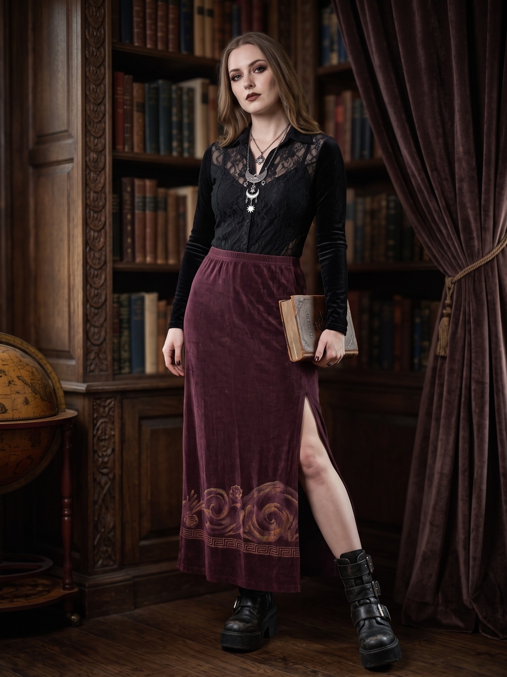 Vintage 90s Slinky Maxi Skirt Whimsigoth Greek Key Mob Wife Baroque Hadestown